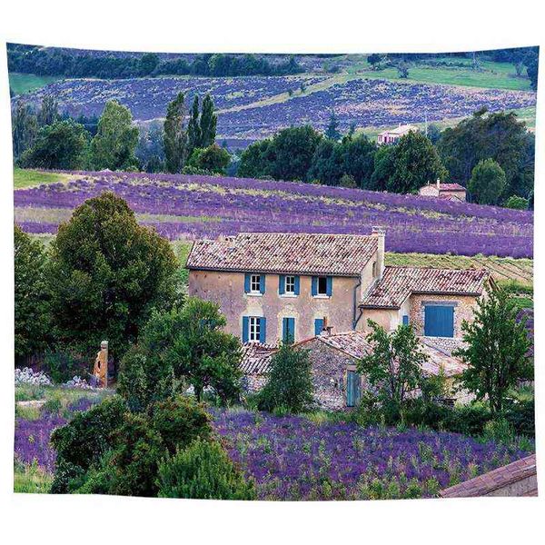 Tapiz lavanda paisaje estampado flor púrpura casa montaña serie sofá dormitorio sala de estar decoración hogar J220804