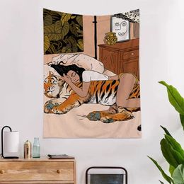 Tapisserie psychédélique mystérieuse de la forêt décoration décoration maison fille tigre tapisse sur le décor mural têtes de lit anime chambre art 240411