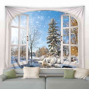 Tapisserie paysage d'hiver tapis mural neige lumière du soleil forêt beauté tissu scène D