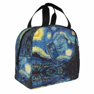 tardis Vincent Van Gogh Sac à lunch isolé Nuit étoilée Repas Ctainer Sac isotherme Fourre-tout Boîte à lunch Collège Pique-nique Sacs à main alimentaires s13u #