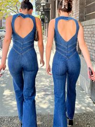 TARUXY Backless Hart Uitsparing Bodycon Jumpsuit Voor Vrouwen Casual Mouwloze Slanke OnePiece Outfits Retro Denim Jumpsuits 240109