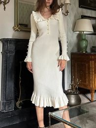 TARUXY taille haute à volants Maxi robes pour les femmes automne hiver tricoté mince longue robe Vintage femme rétro élégant 240111