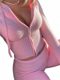 Taruxy Mujeres Trajes de primavera Casual Cremallera Suéter Sudadera con capucha Conjunto de cintura alta Pantalones acampanados Trajes Rosa de punto para mujer Y2k Conjunto de dos piezas H1YB #