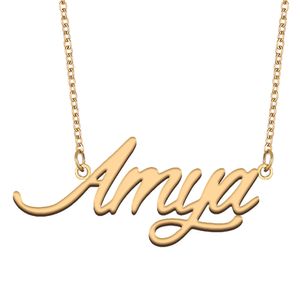 Amya nom collier personnalisé plaque signalétique pendentif pour femmes filles cadeau d'anniversaire enfants meilleurs amis bijoux en acier inoxydable plaqué or 18 carats