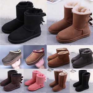 Tasman Pantoufles Australie Bottes de neige classiques ultra mini pour femme - Bottines courtes mi-genou en fourrure australienne - Bottes de neige d'hiver à plateforme rose châtaigne avec nœud papillon