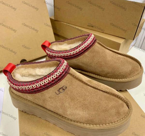 Tasman ugglis''ug Pantuflas Chanclas de piel castaña Piel de oveja Shearling Tazz Nuevas mulas Mujeres Hombres Ultra Mini Bota con plataforma Zapatos sin cordones Parte superior de gamuza Comodidad Otoño Invierno