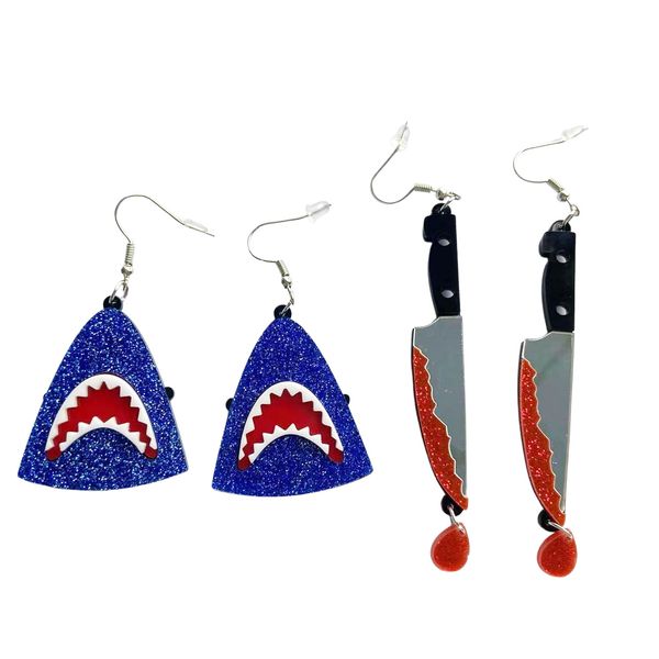 Pendientes colgantes con borlas y cuchillo sangrante para mujer, pendientes de acrílico con purpurina azul y cabeza de tiburón exagerada, joyería con elementos de Halloween