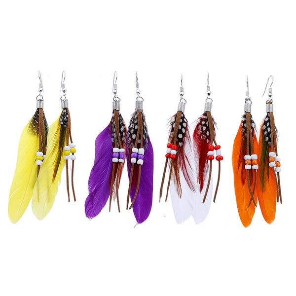 Gland boucles d'oreilles pendantes plumes colorées en cuir perles boucles d'oreilles plumes indiennes été femmes bijoux de mode