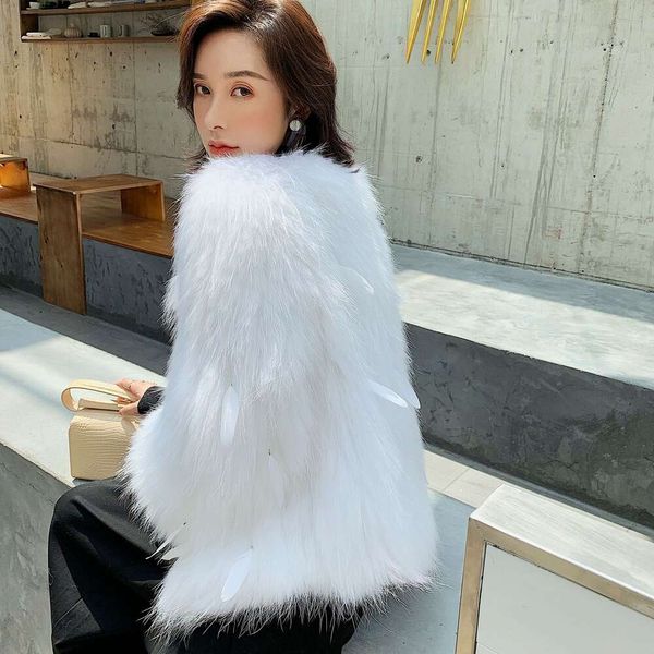Manteau tissé en plumes de raton laveur pour femmes, manteau à la mode, manches courtes et longues, coupe cintrée, Version coréenne, fourrure de renard, 3483