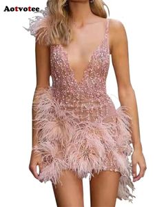 Gland pour les femmes nouvelle mode plumes col en V dos nu Mini robe Sexy Club Spaghetti sangle robes de soirée