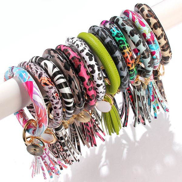 Gland main anneau bracelets bracelet en cuir PU porte-clés léopard rond bracelet bracelet bijoux mode charme porte-clés voiture porte-clés