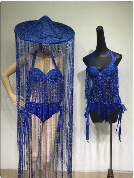 Tassel Hat Stage Costume Club de nuit chanteuse Dancer Performance Rave Vêtements Feme Feme Fringe Biniki Gogo Jazz Dancing Wear