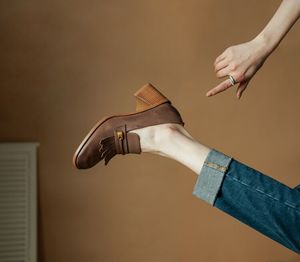 Kwastje hoge vintage dikke franje hak schoenen dames zwart bruin luie loafers kantoorschoen