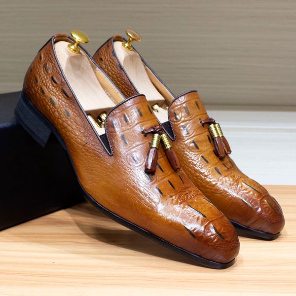 Tassel Loafer Mens Geatin Leather Imprimés Business Casual Slipon Wedding Party Dress Chaussures pour hommes