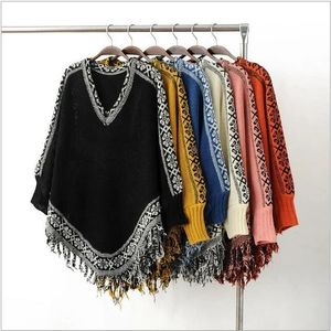 Kwastje poncho sjaal mode v-hals wraps vrouwen vintage gebreide trui sjaals tartan winter cape hot sjaal cardigan dekens mantel jas A3662