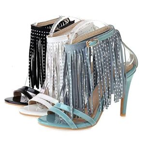 Tassel Sandals Fashion Fashion Women's Shoes Heels Summer Summer For Women Plus Tamaño 43 Fiesta Azul Blanco Blanco FF70