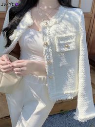 Gland blanc simple boutonnage Tweed manteau de laine décontracté Oneck élégant veste vêtements d'extérieur automne coréen femmes en vêtements d'extérieur 240124