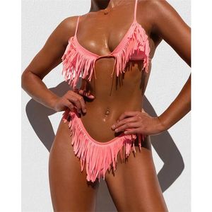 Kwastels omzoomd bikini vrouwen badpak thong hoge snij badmode sexy monokini been mini 210621