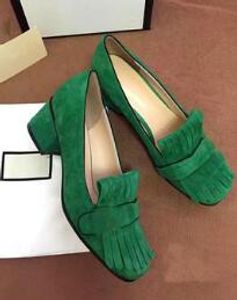 Tassels Round Toe Chunky Heels Woman Shoes Metal buckle Genuine Leather Fashion Women High Heel Shoes Gold Orange Red Green Ladies Pumps