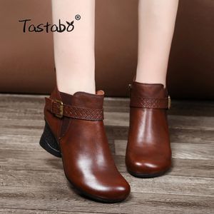 Tastabo mode noir bottes femmes printemps doux en cuir véritable chaussures femme fête bottines carré talons hauts bottes pour femmes