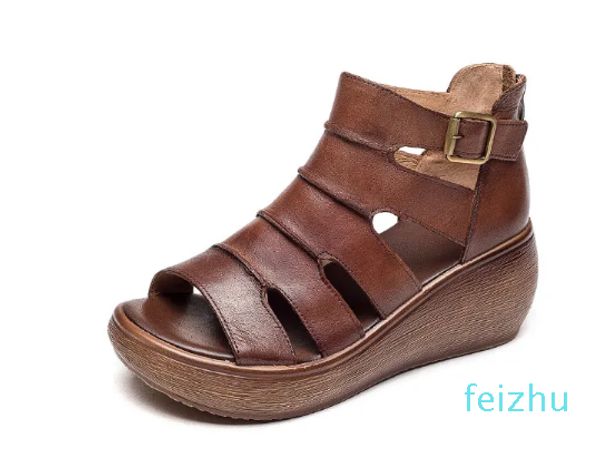 Sandalias Tastabo de cuero genuino para mujer, conjunto plano calado, zapatos de playa S2618, color marrón albaricoque, sandalias diarias de verano, ocio