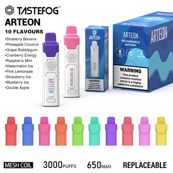 Tastefog Arteon 3000Puff stylo vape jetable 8 ml 650 mAh batterie rechargeable type-c 10 saveurs dosette remplaçable