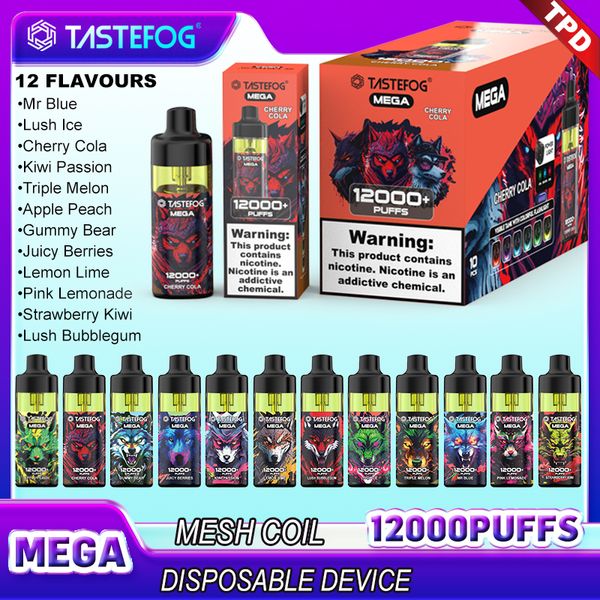 Tastefog d'origine Mega 12000 Puffs Puff 12k Dlissable E Cigarettes Caractéristiques Mesh Coil 15 ml Disposables Vapes Pen Mega TasteFog 12000 Refipillable 650mAh RVB