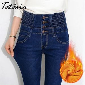 Tataria automne jeans d'hiver pour femmes taille haute maigre maigre chaud épais jeans de femme élastique plus élastique taille extensible jeans velours lj201013