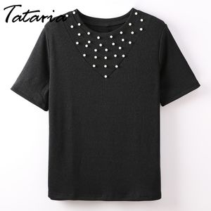 TATARIA Causal Femmes T-Shirt Féminin D'été Top Femmes Vêtements Regular Fit Tops et T-shirts Perles Perles À Manches Courtes T-shirt 210514