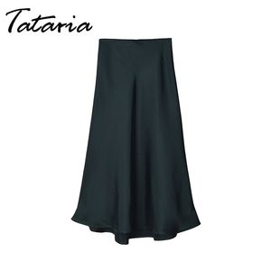 Tataria Falda de cintura alta Mujer Satén A Line Trompeta Sirena s Verano Elegante Color sólido Midi Jupe Femme 210514