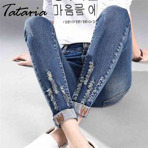 Tataria taille haute jean pour femmes crayon Denim pantalon maigre décontracté trou déchiré mince élastique 210514