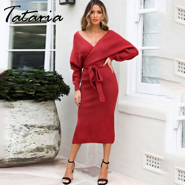 Tataria Robe pull taille haute pour femme sexy automne hiver épais chaud es femmes manches longues tricot élégant 210514