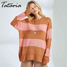 Tataria lange mouwen gebreide trui voor vrouwen zachte truien gestreepte herfst winter casual vintage 210514