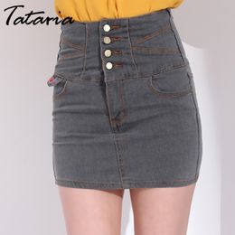 Tataria Plus Size Denim Rokken Voor Dames Slanke Zomer Potlood Rok Vrouwelijke Hoge Taille Botton A-Lijn Jeans Mini Jupe Courte Sexy 210514