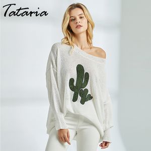 Tataria Sexy Off Shoulder Gebreide Sweater Dames Lange Mouw Batwing voor elegante vaste gedrukte trui en 210514