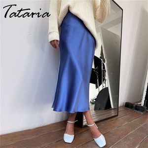 Tataria – jupes en Satin de soie pour femmes, taille haute, ligne a, élégantes, rose, Midi, Style coréen, été, 220224