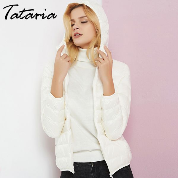 Abrigo de invierno Tataria para mujer, chaqueta fina ultraligera de plumón, pato blanco con capucha, prendas de vestir portátiles sólidas a prueba de viento para mujer 210514