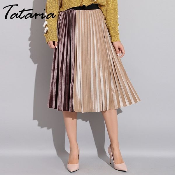 Tataria Falda de mujer Terciopelo plisado Primavera Otoño Cintura alta Patchwork s para mujer A Line Midi 210514