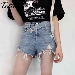 Tataria mujeres verano irregular dobladillo casual jeans pantalones cortos cintura alta harem denim hembra calle rasgado agujero 210514