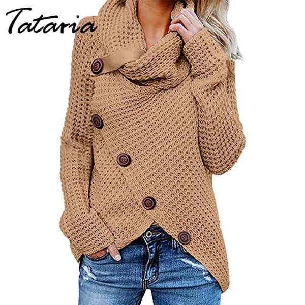 Tataria Femmes Bouton Turtleneck Pull tricoté Femelle Asymétrique Hem Wrap Pull Tops Femmes Jumpers 210514