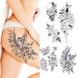 Tattoo boeken zwarte bloem roos waterdichte tijdelijke vogel slang sexy lichaam arm been gem henna mode grote nep mouw sticker 231113