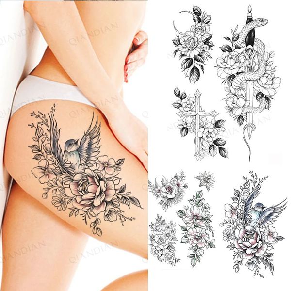 Libros de tatuaje Flor negra Rose impermeable Snake temporal de pájaro Sexy Body Body Leg Gem Henna Fashion Big Fake manga Sticker 231113