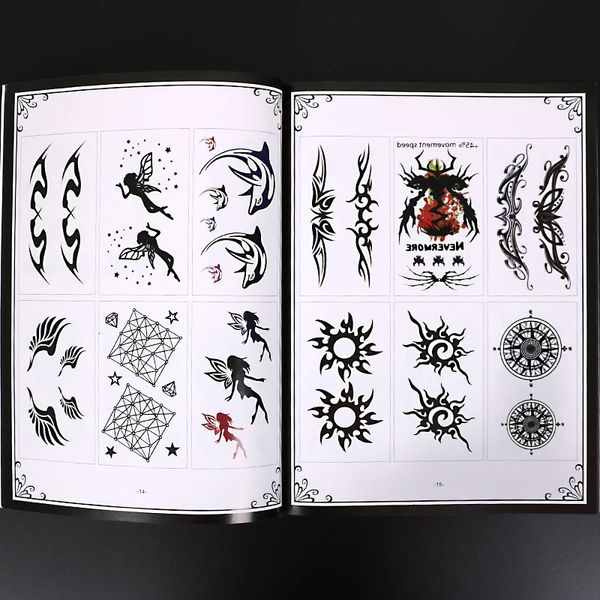 Tattoo Books Album de tatouage livre cinq étoiles lettre anglaise symbole de plume petit crâne papillon chat lettre accessoires de tatouage fournitures 231012