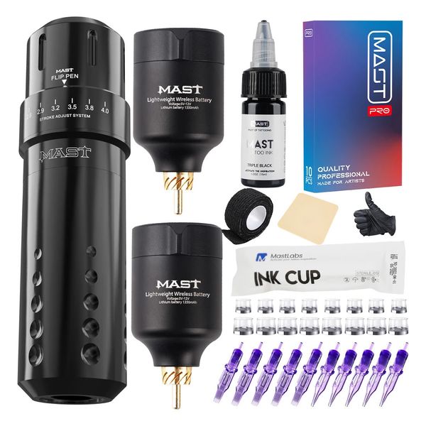 Kits de pistolas de tatuaje Longitud de carrera ajustable Mast Flip Maquillaje Máquina permanente Kit Triple Negro Batería inalámbrica Conjunto de cartuchos de energía 231214