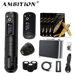 Tattoo Guns Kits Ambition Soldier Wireless Tattoo Machine Pen Kit Koreloze motor met 2400 mAh Batterij 80 stks Gemengde cartridge voor Tattoo Artist 230310