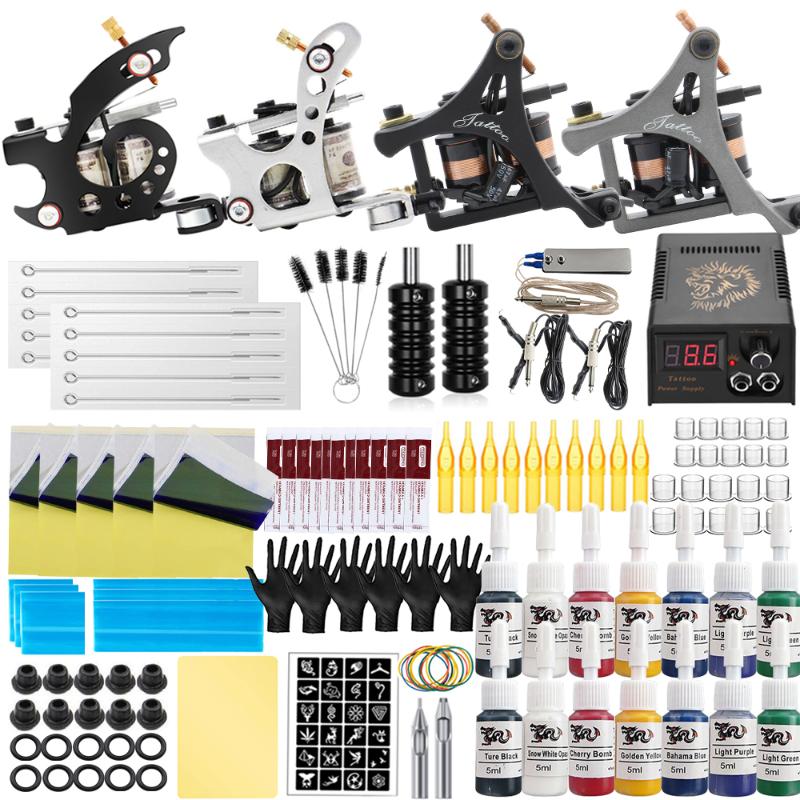 Tattoo Guns Kits Complete Kit 4pcs Spulen Maschinenpistole mit Netzteil Grip Nadeln Set Tinte für Permanent Make-up SuppliesTattoo KitsTattoo