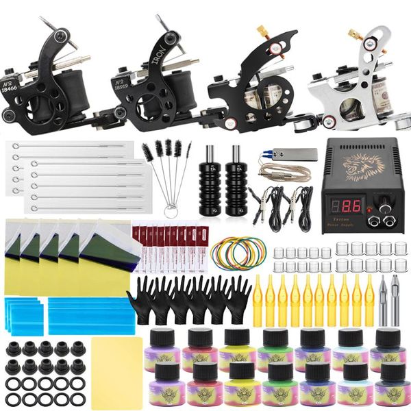 Kits de pistolets de tatouage Kit complet 4 pièces ensemble de pistolets de machines avec aiguilles d'alimentation d'alimentation encre pour Kit de fournitures de maquillage PermanentTattoo KitsTattoo