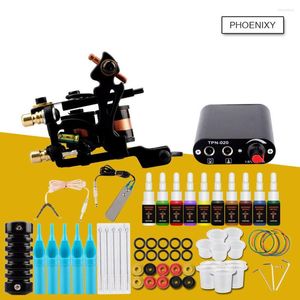 Tattoo Guns Kits Complete Machine Kit Set 1 spoelen Meer kleuren Zwart Pigment Sets Power Beginner Grips Permanente make -up