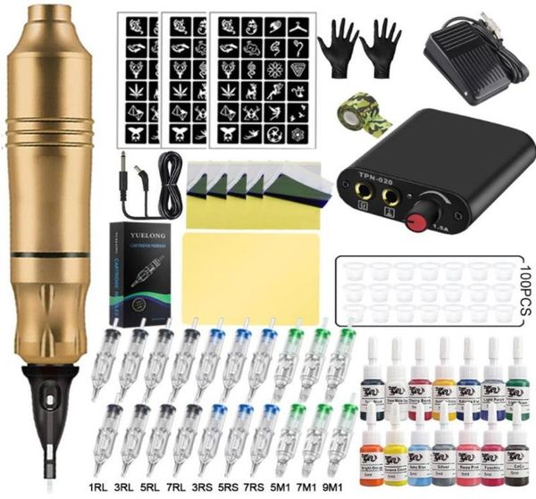 Kits de pistolets de tatouage Complete Machine Pen Alimentation Pistolet Rotary avec 20pcs Cartouches Makeules permanentes pour Artistattoo Gunst4890295