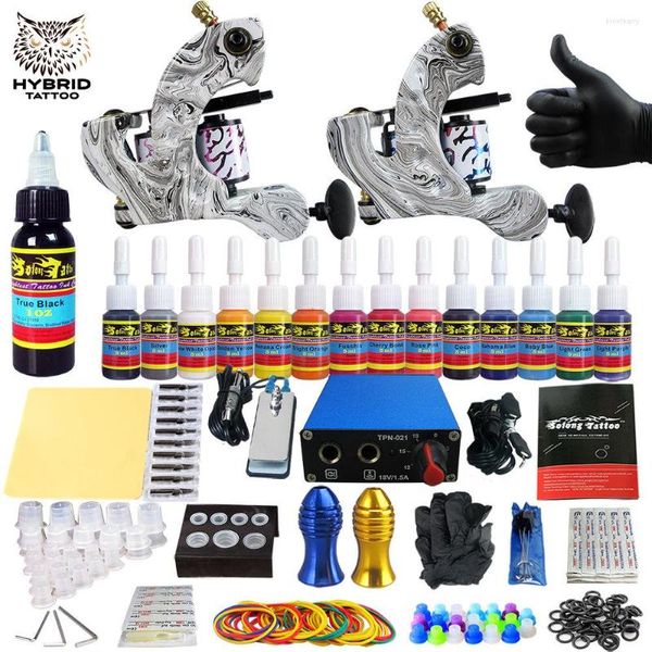 Kits de pistolas de tatuaje Kit completo híbrido para delineador y sombreador Fuente de alimentación para principiantes Empuñaduras de pedal Agujas Conjunto de tinta BodyArt TK203-3